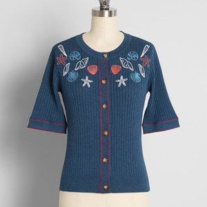 NWT ModCloth Down By The Seashore Embroidered Short Sleeve Cardigan, Size SMALL